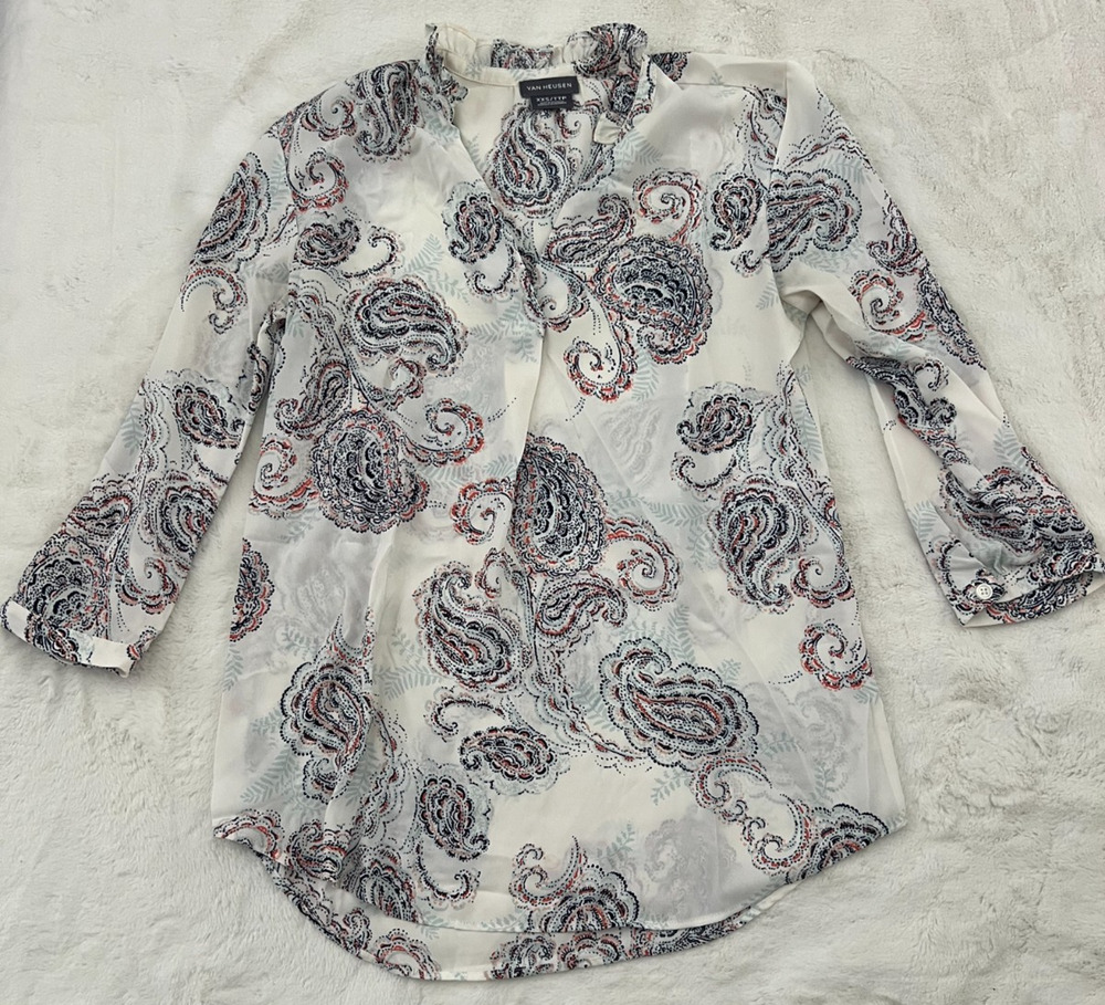 Van Heusen Women's Paisley Tunic Blouse XXS White Navy Coral Long Sleeve